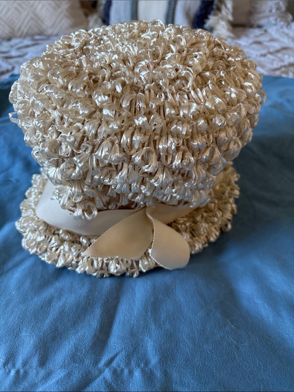 Vintage Cream Woven Hat with Ribbon